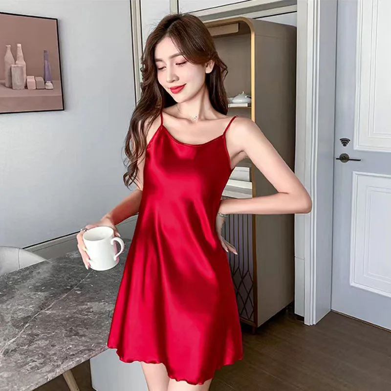 Summer Ice Silk Maternity Sleepwear Lounge Sexy Slip Dress Solid Mini Skirt Dress for Women Girls Clothing