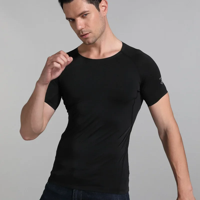 Summer Men Ice Silk Shirt Short Sleeves Seamless Round Neck Top Bodybuilding Thin Elastic Breathable Undershirt Pullover