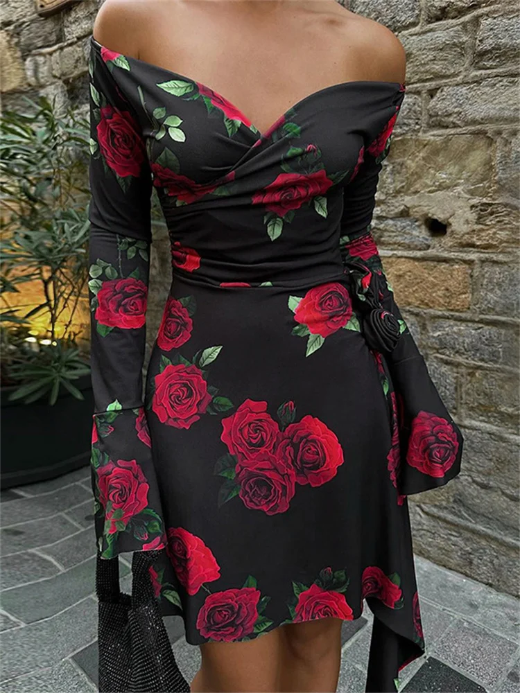 

Tossy Printed Off-Shoulder Floral Mini Dress Ruffled Sexy Backless V-Neck Bandage Dress Summer Patchwork Contrast Female Dress