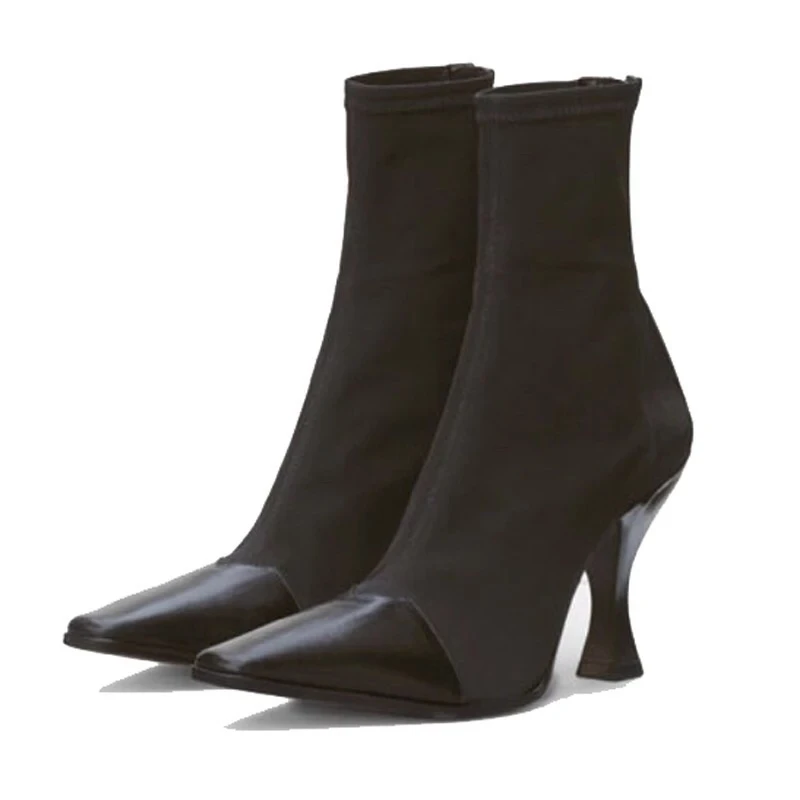 Stitching Square Toe Elastic Socks Boots Women's Short Boots New Leather Fine Heel Nude Boots