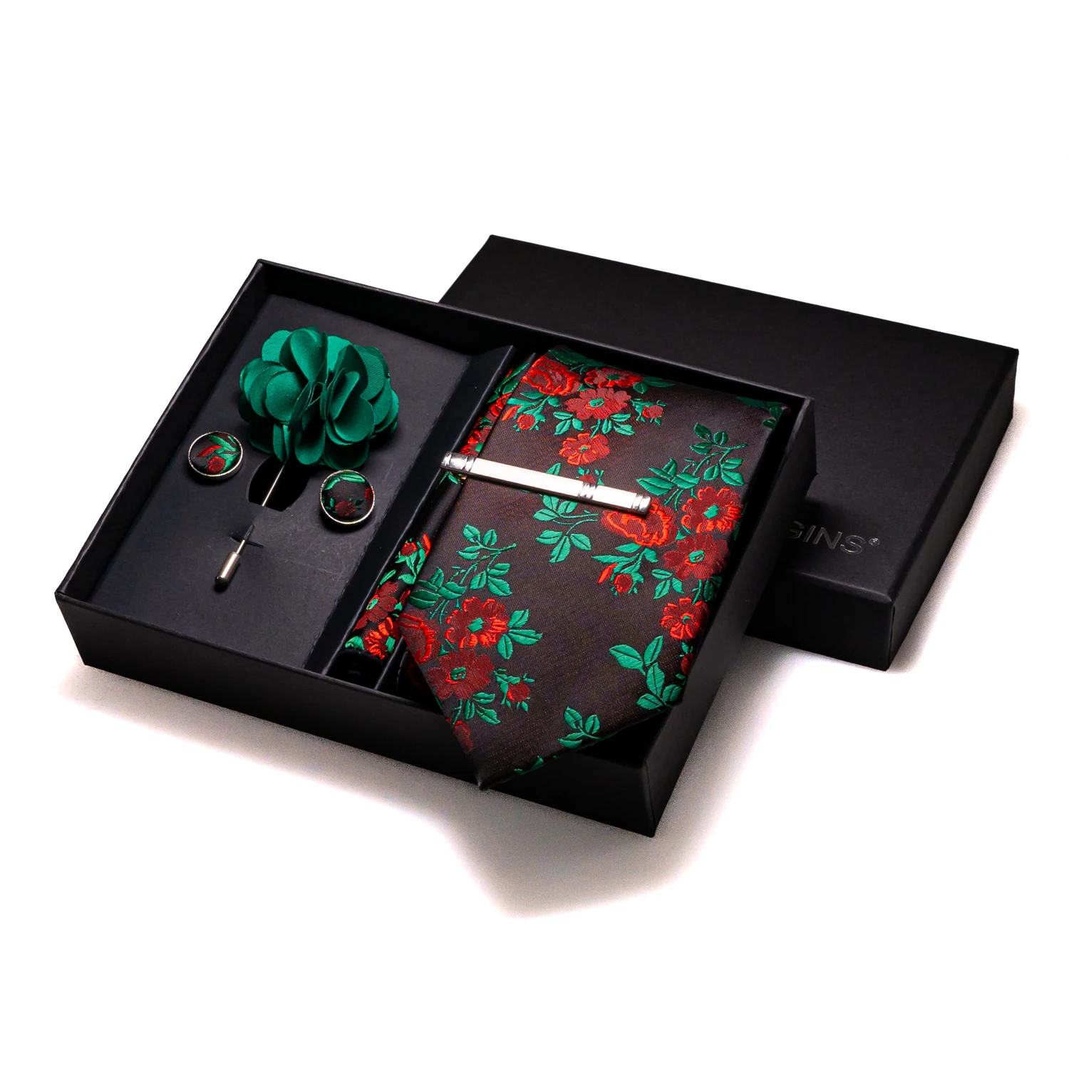 Silk Ties for Men Luxury Dark Green Stripes Wedding Accessories Mens Necktie Pocket Square Cufflinks Pin And Elegant Gift Box neck tie pocket square