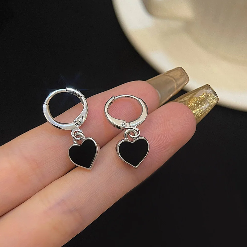 Earrings Women Enamel Black Black Heart Dangle Earrings Simple Cute