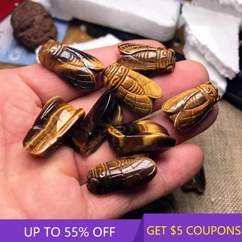 

Top Natural Tiger's Eye Stone Quartz Crystal Carved Cicadas Healing Gemstone Animal Cicada Carving Pendant Reiki Home Decor Gift