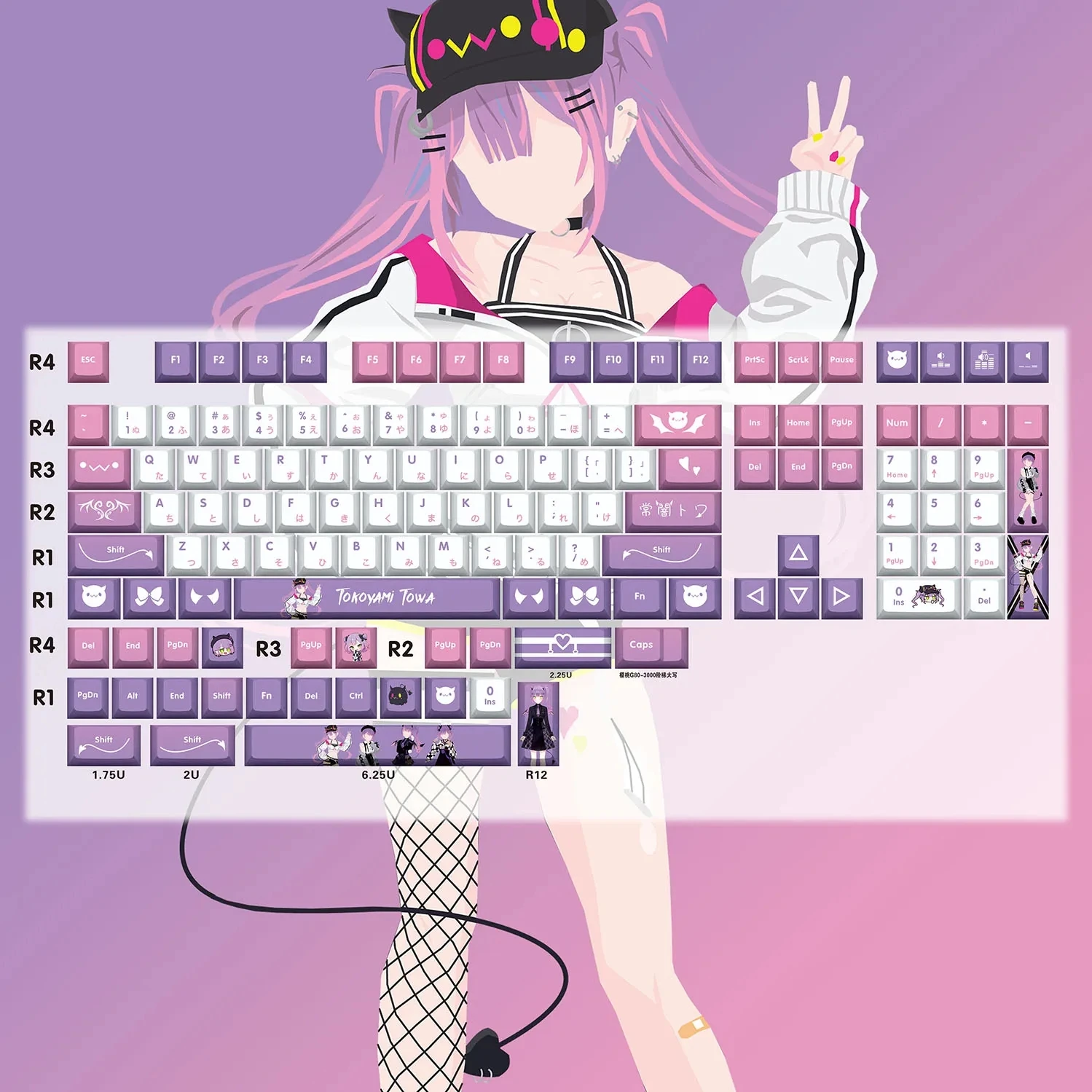 Tokoyami Towa Key Cap Hololive Vtuber Key Cover Pbt Dye Sublimação Cherry mx Cross Axis Switch Keycap para Teclado Mecânico