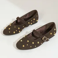 2025 Summer Brand Mary Jane Shoes for Women Fashion Rivet Suede Classic Retro Brown Casual Soft Bottom Comfortable Ladies Flats - Image 3