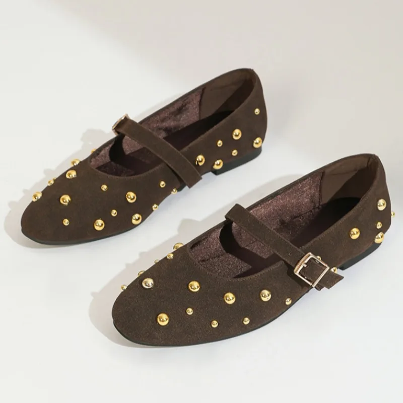 2025 Summer Brand Mary Jane Shoes for Women Fashion Rivet Suede Classic Retro Brown Casual Soft Bottom Comfortable Ladies Flats 3