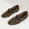 2025 Summer Brand Mary Jane Shoes for Women Fashion Rivet Suede Classic Retro Brown Casual Soft Bottom Comfortable Ladies Flats 3