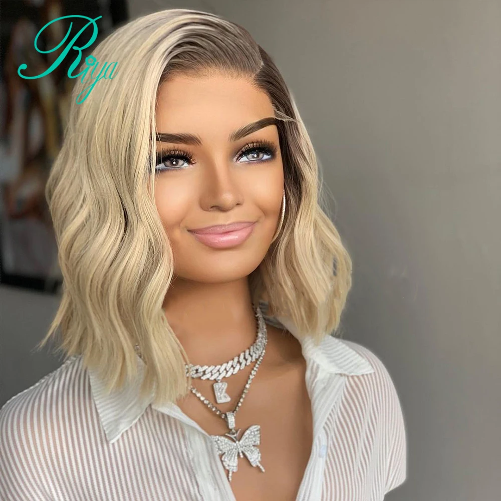 4T613 Honey Blonde Ombre 613 Color 150% 4x4 Lace Closure Wig Short Pixie Bob Cut Straight 13X4 Lace Front Human Hair Wigs Riya