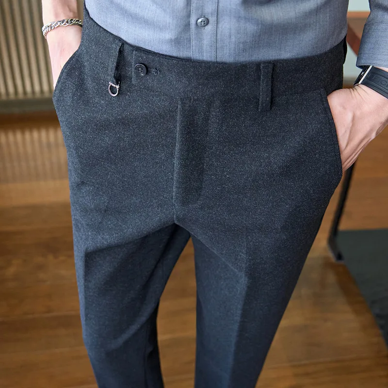 

2023 Autumn Thickened Woolen Pants Men Slim Fit Casual Business Dress Suit Pant High-quality Office Trousers Social Men Clothing