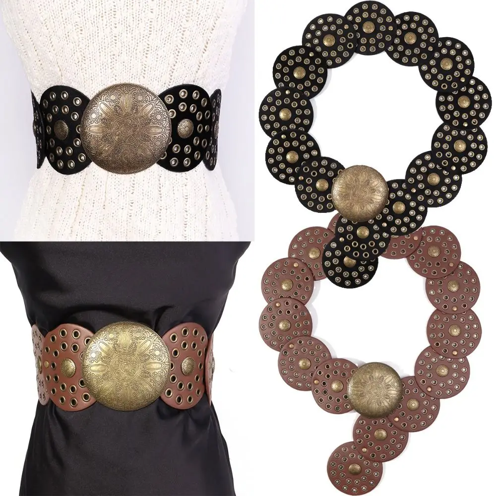

Round Disc Belts Retro Y2K Cowboy Wide Belts PU Western Style Hollow Belt for Women