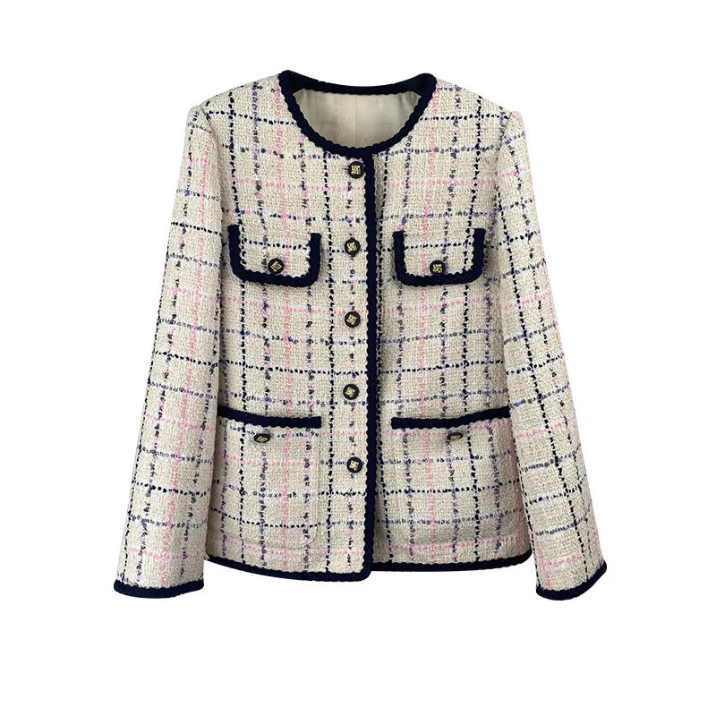 2023 Spring Chic Women's Elegant Plaid Tweed Coat High Quality Brand New Designer O-neck Jackets B887