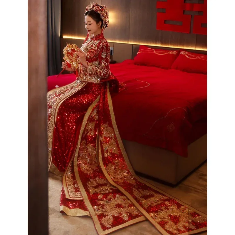 Summer Xiuhe Dress Red Women's Contrast Noble Wedding Pearl Fringe Toast Bride Chinese Traditional Wedding Dress Tang Suit Hanfu