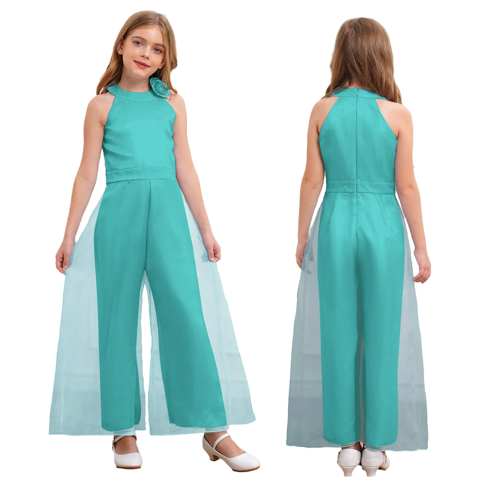 Kinder Mädchen Elegante Party Blume Brosche Strampler Abend Hochzeit Geburtstag Body Neckholder Ärmellose Breite Bein Hosen Overall – Detail 25