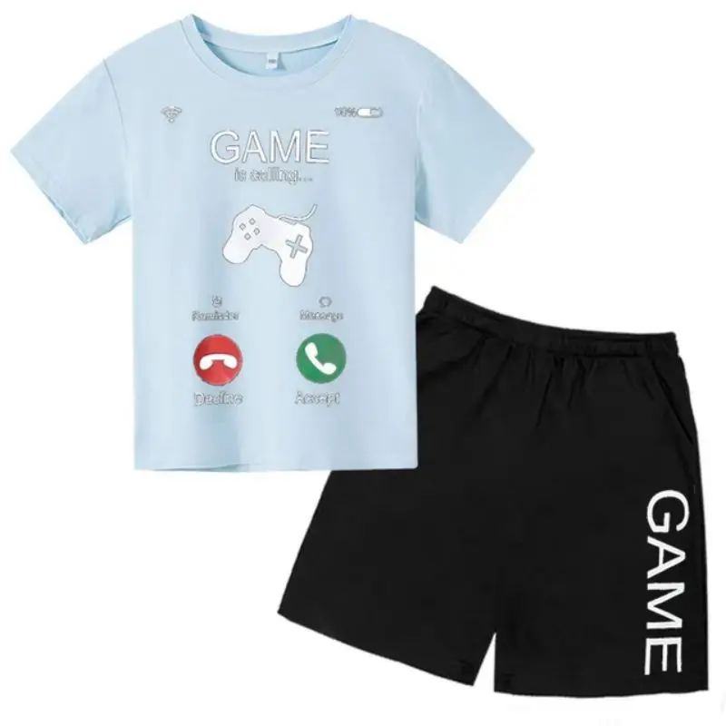 thumbnail image 1 of Conjunto de camiseta y pantalones cortos con estampado de máquina de juego de arte de grafiti para niños, moda de verano, informal, de manga corta, para niños y niñas, 1 of 5