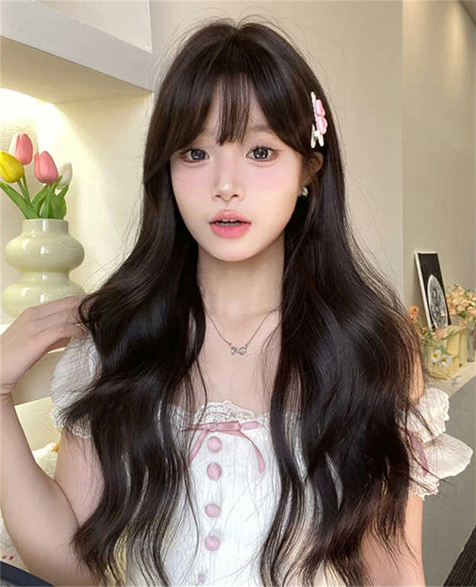 Synthetic Brown Long Deep Wave Wig For Women With Bangs
