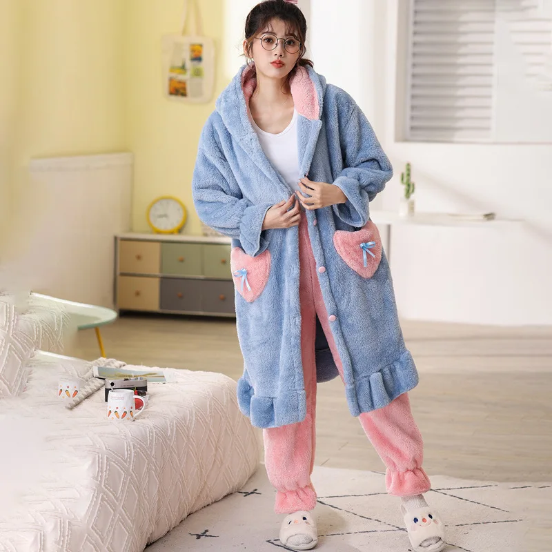 Women Winter Flannel Pajamas Set Fleece Hooded Nightgown Thick Warm Velvet Female Sleepwear Homewear Sweet Lovely Nightdress