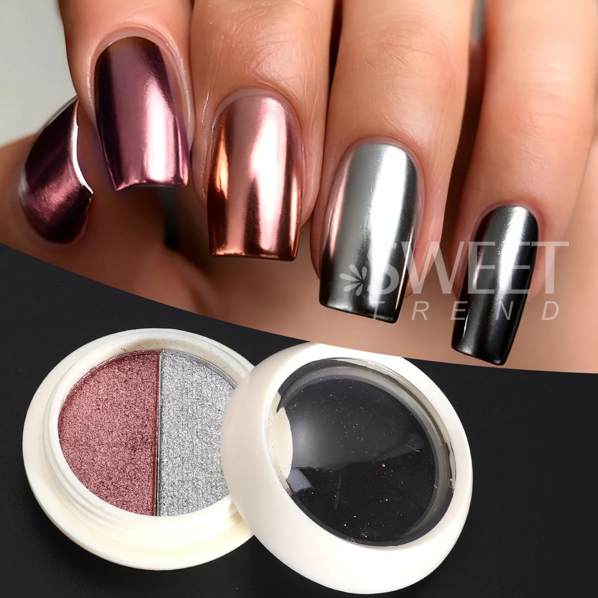 Double-color Chrome Solid Nail Glitter Pink Silver Classic Metallic Mirror Rubbing Dust DIY Gradient Effect Flash Manicure Decor