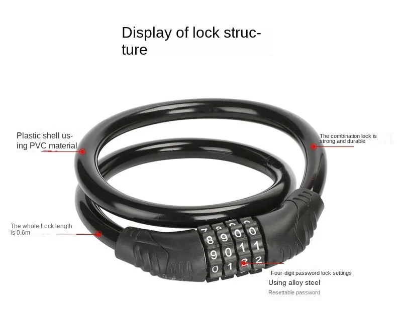 Description Picture 4 of itemAnti-theft Bike Lock 4 Digit Password Bicycle Accessories Bicycle Padlock Electric Scooter Motorcycle Security Steel Chain Lock