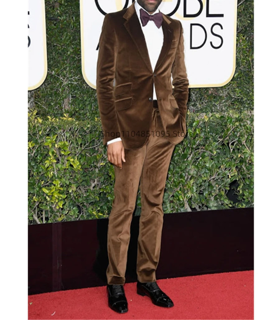 Formal Brown Velvet 2 Piece Men's Tuxedo Groom Suit with Notch Lapel Two Buttons Blazer And Pants Set for Wedding Prom Business