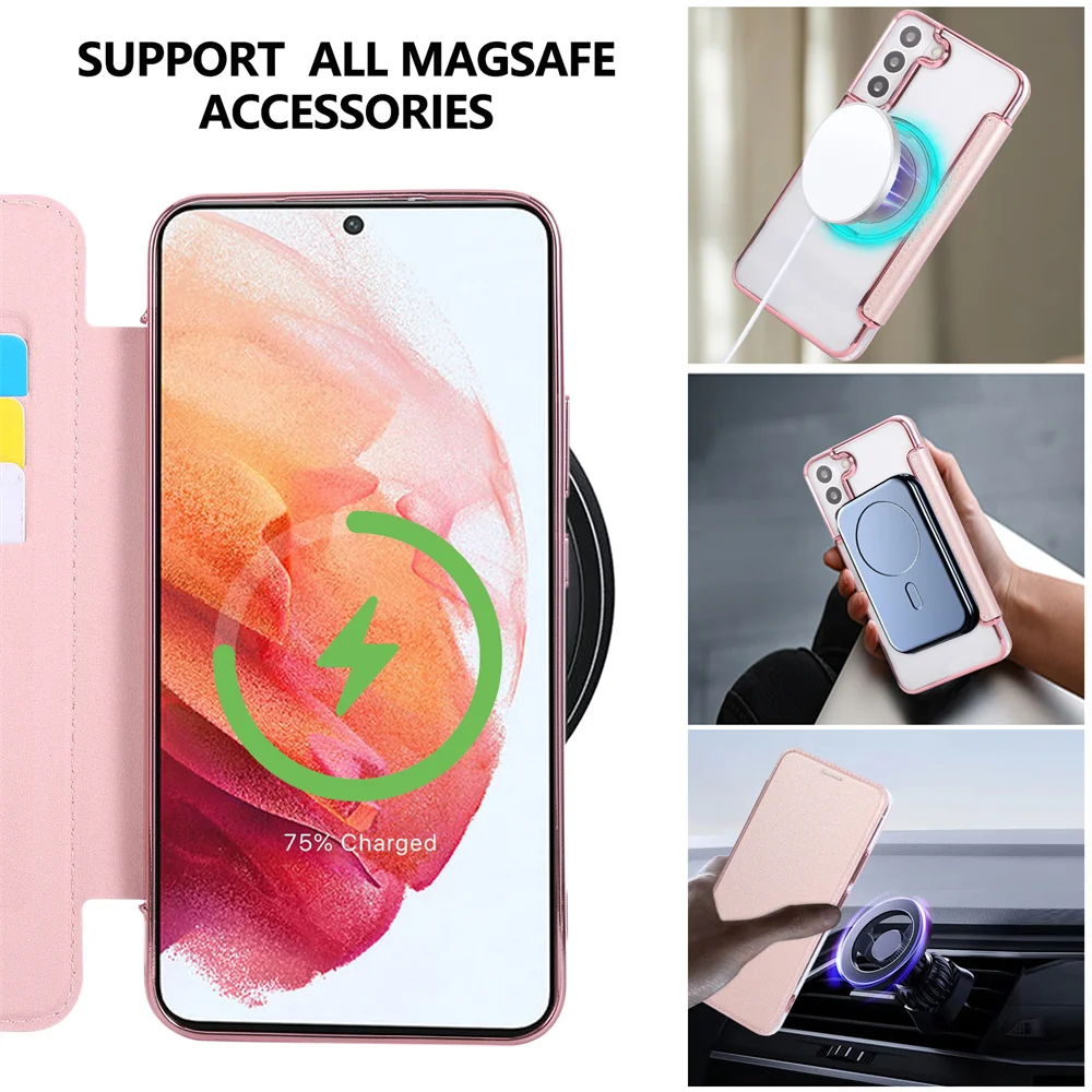 Leather Slot Card Wallet with Rotating Stand and Magnetic Phone Case - Magsafe-Compatible Transparent Cover