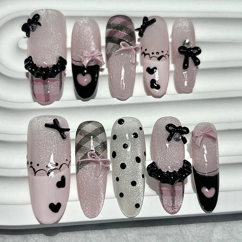 Elegant Black and Pink Handmade Press-On Nails with French Almond Design and Cute Bow Accents