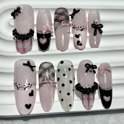 Elegant Black and Pink Handmade Press - On Nails with French Almond Design and Cute Bow Accents (530 - XS)