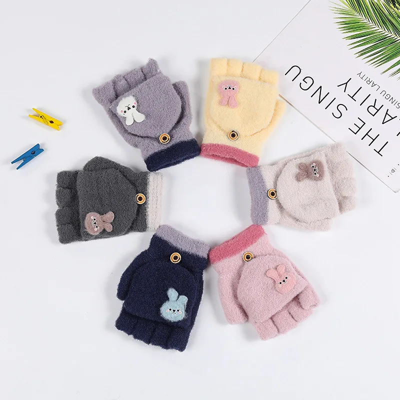 3-8 Year Old Winter Children's Plush Contrasting Rabbit Gloves Student Writing Half Finger Baby Cartoon Gloves