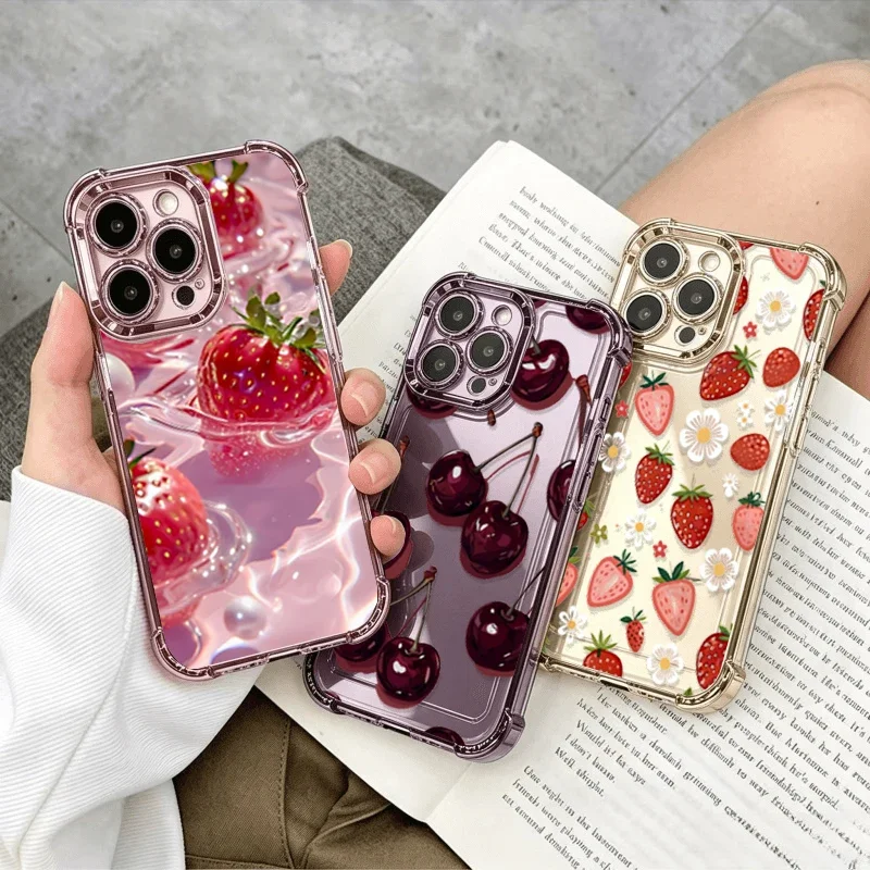 Floral Cherry Pattern Plating Strawberry Phone Case