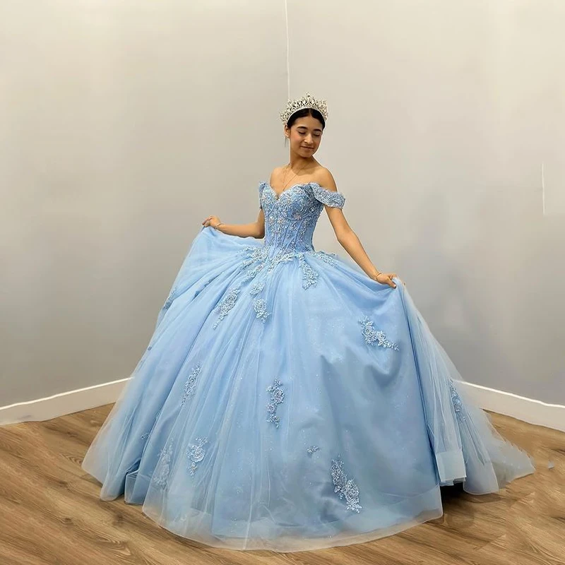 ANGELSBRIDEP Sky Blue Ball Gowns Quinceanera Dresses Applique Lace Birthday Party Mexican Girls Vestidos de 15 a&ntilde;os Customized