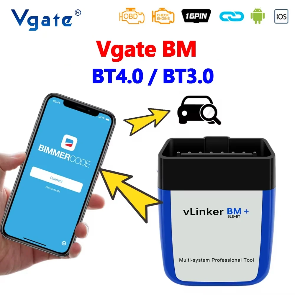 Herramienta de Diagnóstico para Autos Vgate VLinker BM+ V2.2 OBD2, Escáner Automotriz Bluetooth 4.0 BT3.0 para Bimmercode, Compatible con Android e iOS