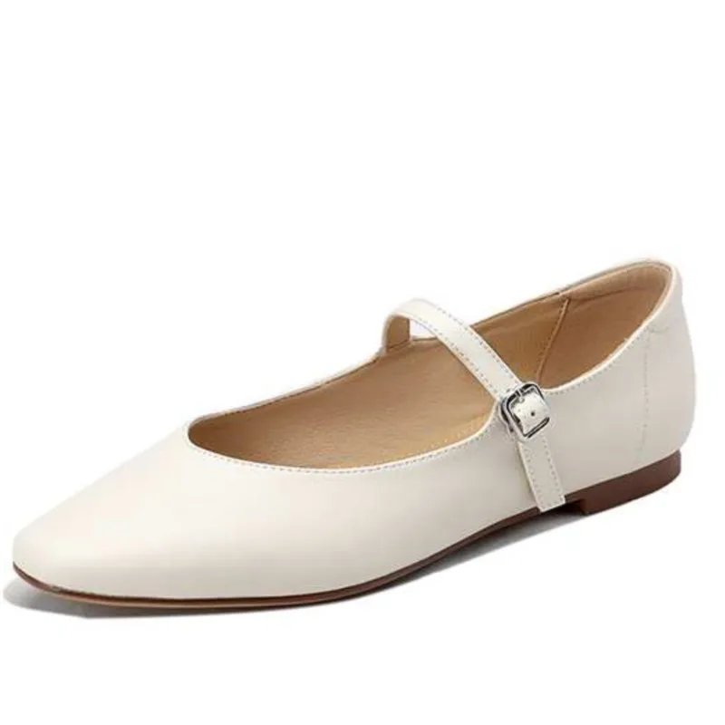 

Handmade Genuine Leather Shallow Buckle Strap Spring Dance Shoes Runway Mary Janes Solid Concise Women Ballet Flats