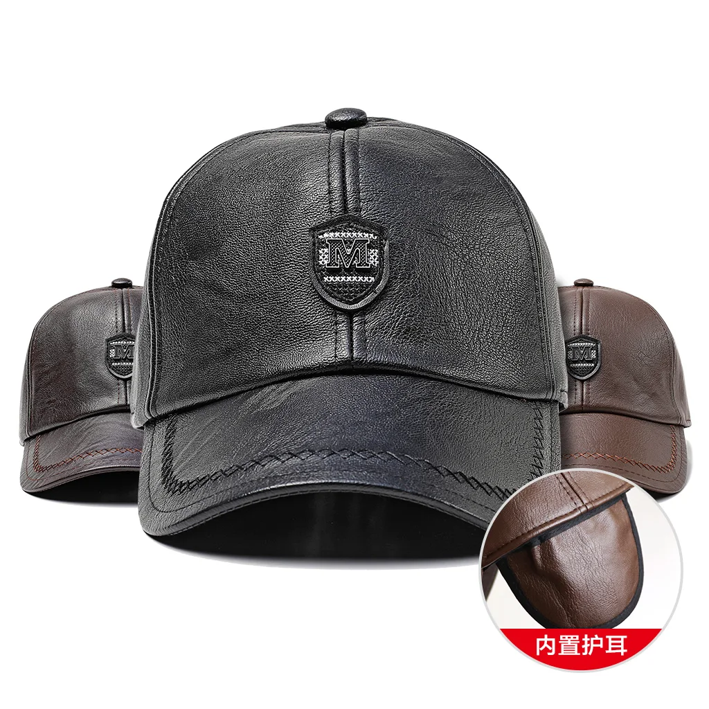 2024 New Style Men Cowhide Hat Winter Warm Outdoor Protect Ear Real Leather Adjustable Baseball Cap Men Real Cowhide Leather Cap 4