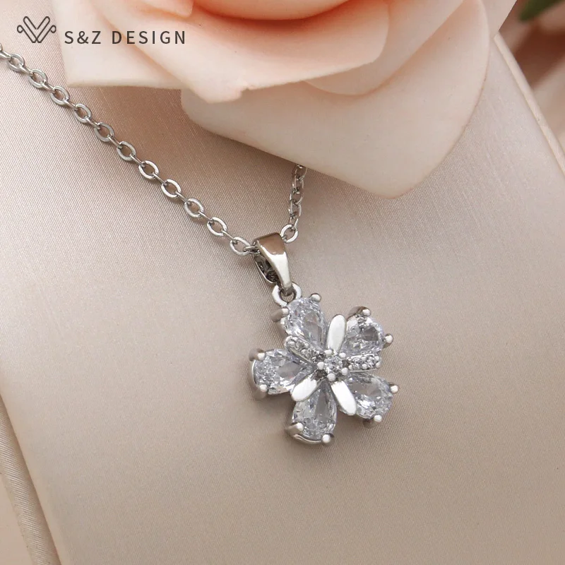 S&Z DESIGN New Fashion Rose Gold Color Flowers Pendant Necklace For Women Cubic Zirconia Jewelry Daily Accessories Romantic Gift