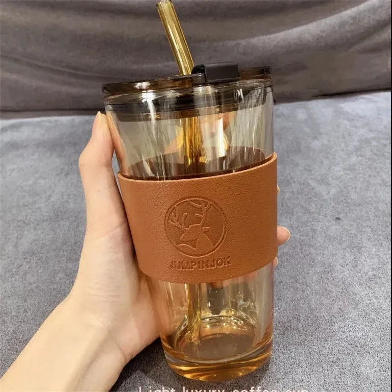 1pc Glass Water Cup With Straw, Coffee Mug With Sleeve, Grey Deer