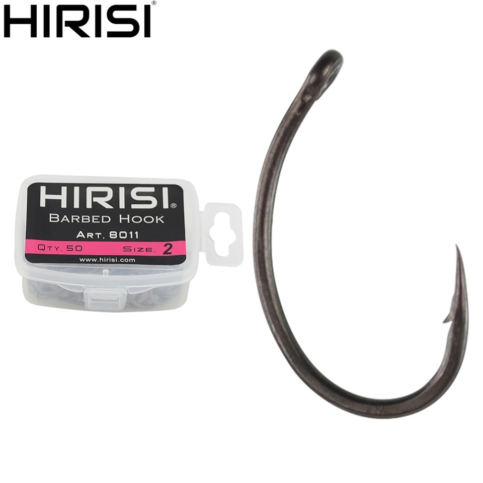 Hirisi 50pcs Coated High Carbon Steel Barbed Hooks Carp Fishing With Retail Box 8011
