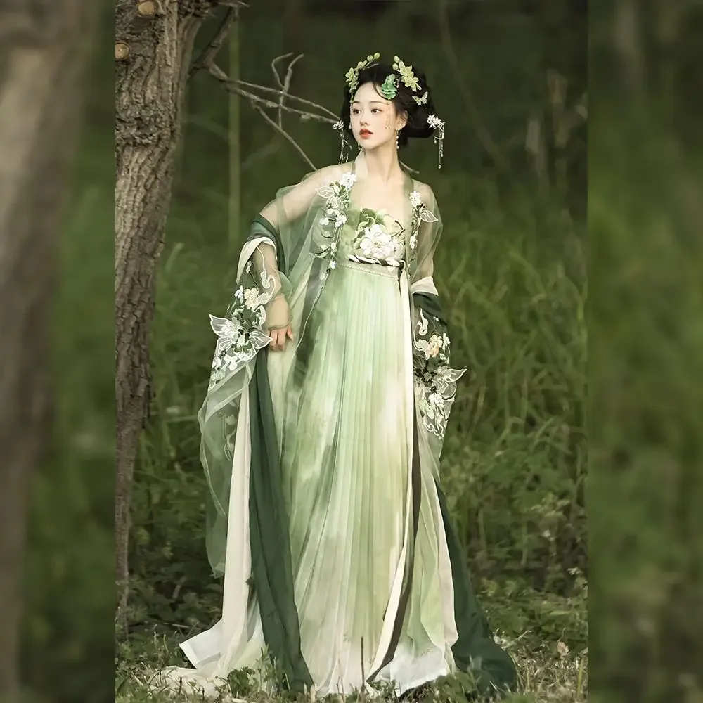 

Summer Full Set Embroidery Kezi Skirt Tang Dynasty green Hanfu Big Sleeve Shirt Fairy Skirt Chinese Traditional Dress for Women