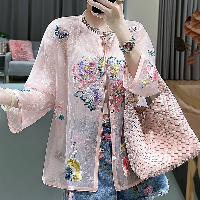 

High-end Summer Royal Embroidery Silk Top Coat Chinese Style Sun Protection Hanfu Lady Thin Top Jacket S-XXL