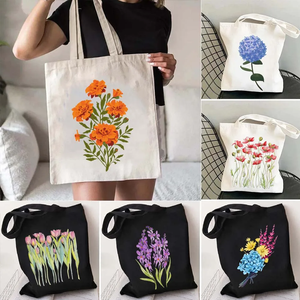 Ortensia Lavanda Lilla Dahlias Calendula Pansy Cosmos Margherite Tulipani Poppies Lisianthus Aster Fiori Cotone Totes Bag Borse