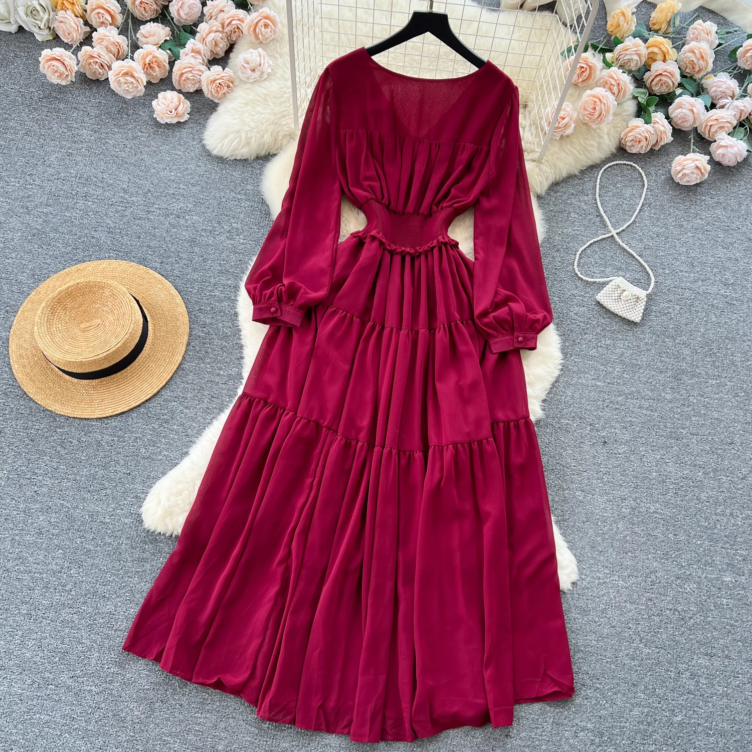 Vintage Chiffon Long Dress Women Elegant V-neck Long Sleeved Casual Dresses French Pleated Slim A-line Long Robe Vestidos