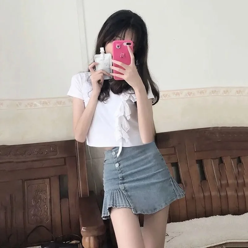

Women Jeans Skirts High Waist Pleated Skirts Zipper Mini Skirts Summer New 90S Streetwear Bottom Y2K Skinny Blue Skirt Mokijins