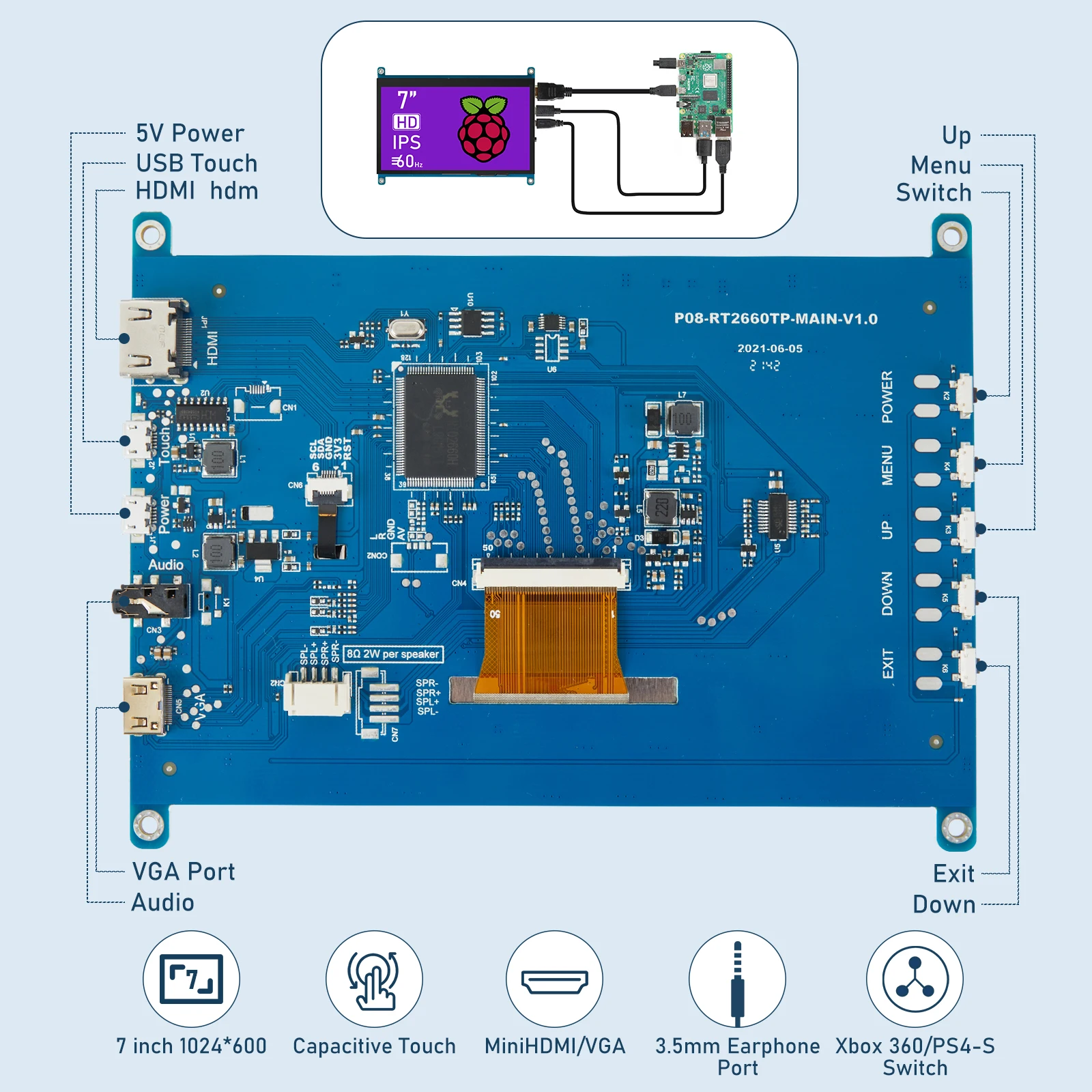 Portátil Polegada Ips Hdmi Monitor Mini Tela de Toque Capacitivo para Raspberry pi pc Computador hd Painel Exibição 1024x600 Lcd Diy - Imagem 6