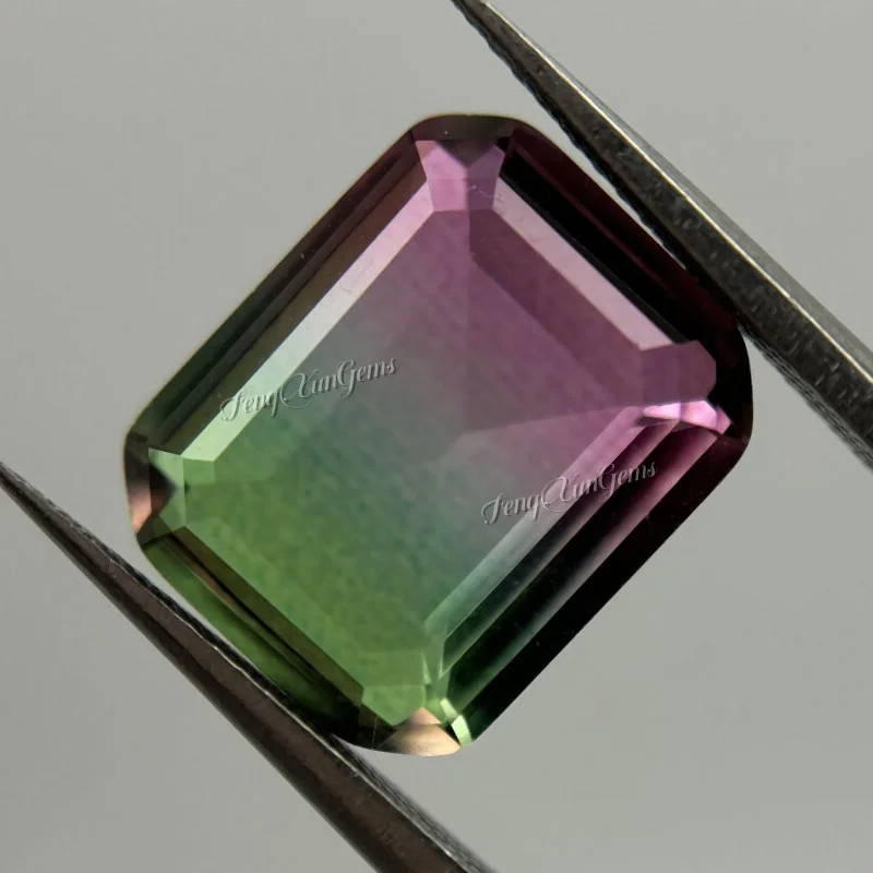 BX21 4x6mm-10x14mm 그린-화이트-로즈 그라데이션 에메랄드 컷 합성 수박 투르말린 스톤 루즈 글래스 보석 (쥬얼리용)