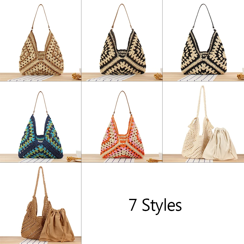 Women Straw Tote Bag Large Capacity Vintage Vacation Shoulder Bag Trend Casual Handbag Designer Hollow Summer Beach Bag