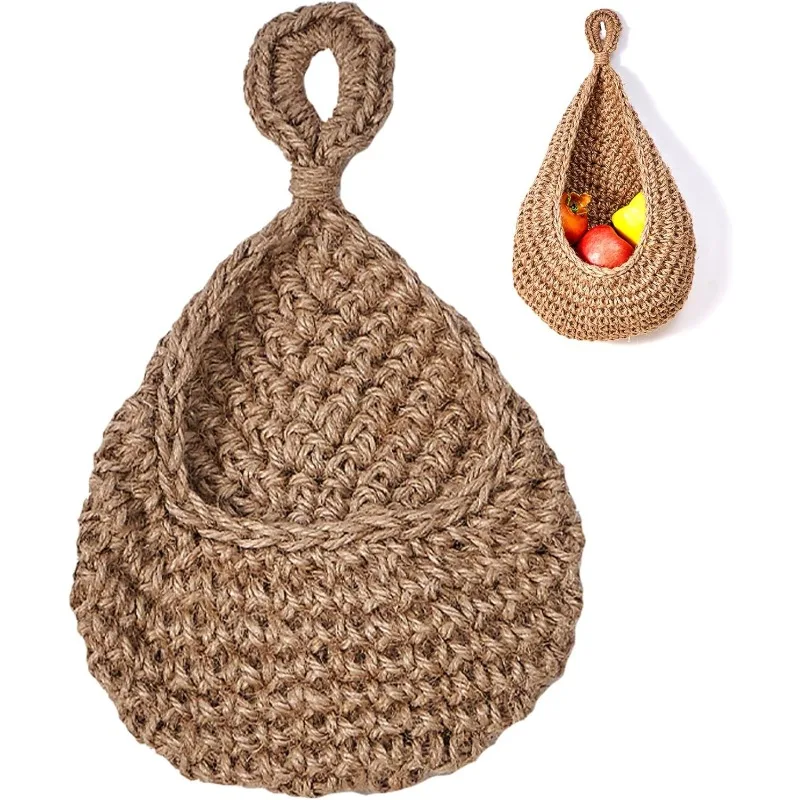 A Space Saving Vegetable, Potato, Onion, and Garlic Weaving Storage Organizer with A Hanging Fruit Basket  Teardrop Shaped Wall