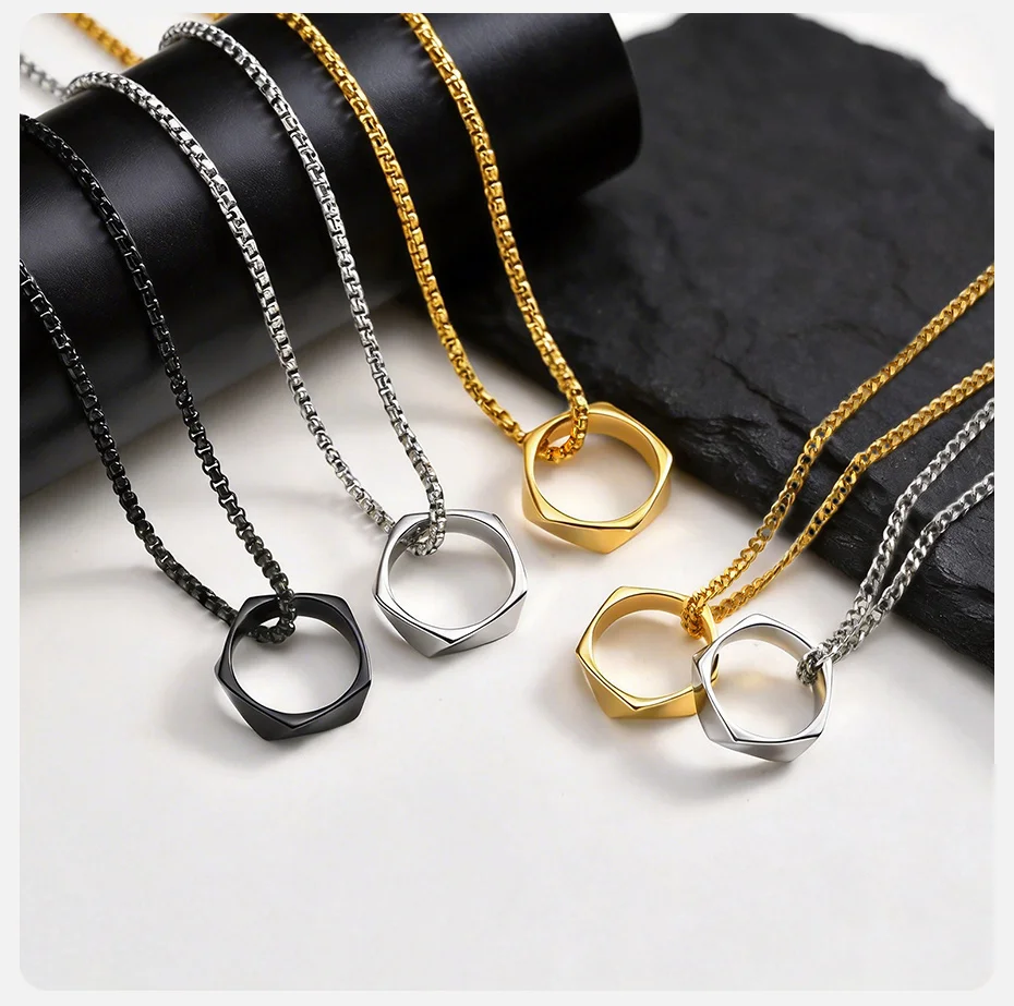 Vnox Größe 7-12 Fünfeckiger Ring-Anhänger Halskette, Schwarz Gold Silberfarben Edelstahl Kastenkette, Geburtstagsgeschenke für Männer – Detail 7
