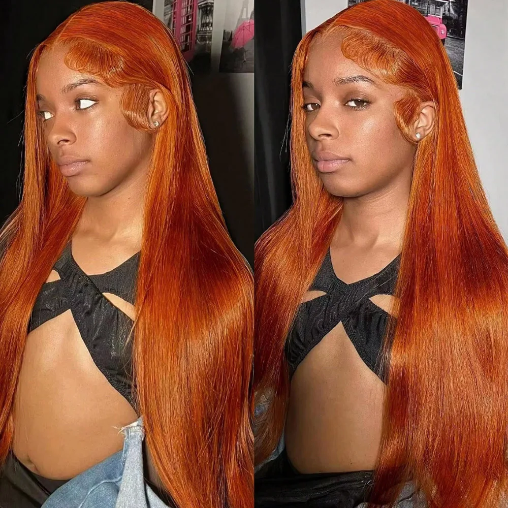 26 Inch Ginger Orange Wig Human Hair 13X6 Lace Front Wigs Human Hair 200% Density 350 Straight HD Transparent Lace Front Wigs