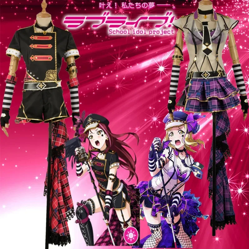 

Love Live SunShine Punk Rock Awakening Ohara Mari Sakurauchi Riko Cosplay Costume Sexy Illsion Jacket Shorts Purple Plaid Dress