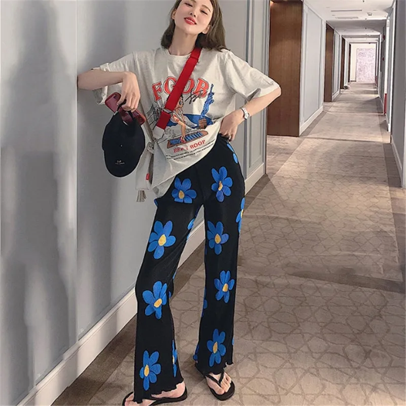 

Fall Spring Women Flower Prints Trousers Casual Loose Elastic Waist Ribbed Wide-Leg Pants Female Loose Fit Straight-Leg Trousers