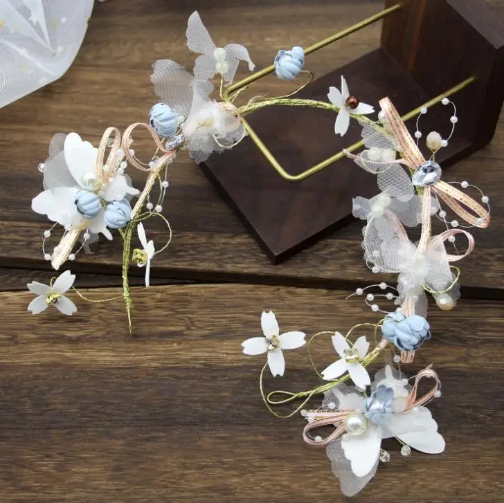 White Blue Pink Wedding Flower Crown Bridal Headband Floral Hair Wreath with Ribbon Girl Headwear Hair Accessories For Women