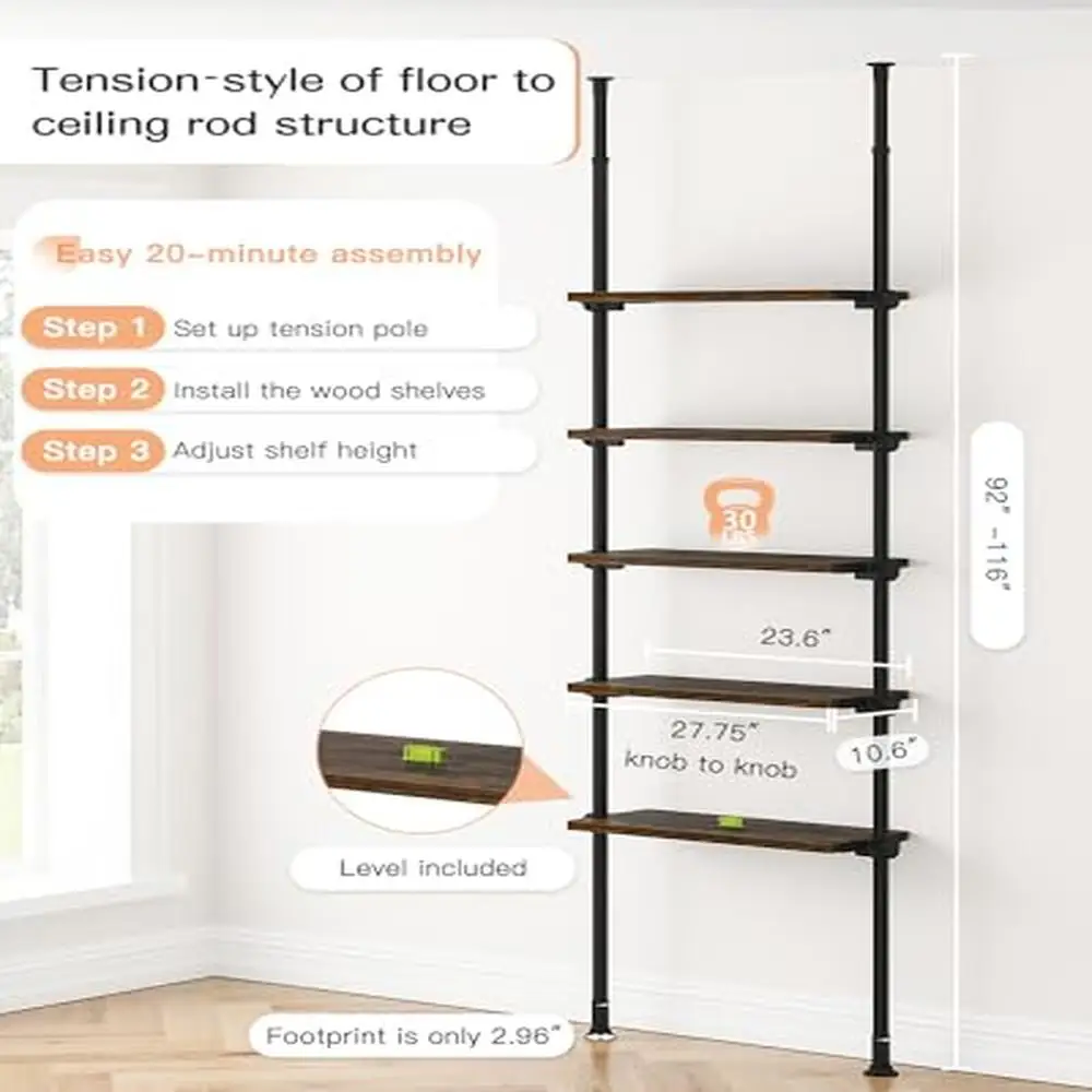 Adjustable Tall 5 Tiers Narrow Ladder Bookshelf with Open Storage Tiered Shelf Metal Frame Wooden Industrial Rectangular Office 5